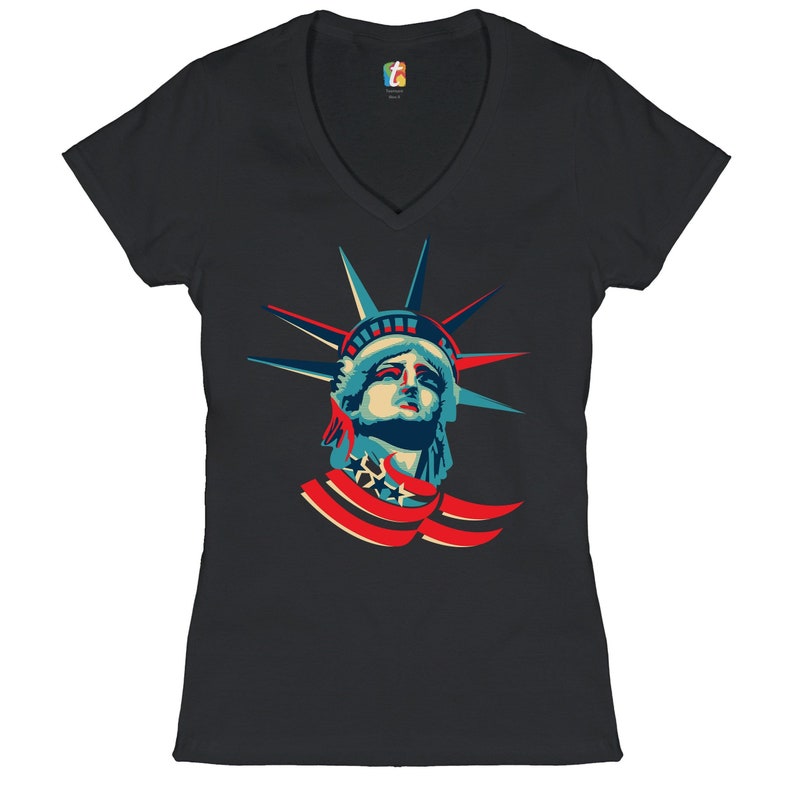 Statue of Liberty Women/'s V-Neck T-shirt 4th of July Stars and Stripes Independence Day Freedom Lady Liberty NYC Manhattan Tee