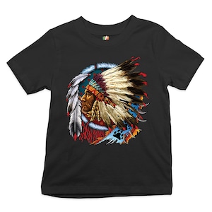 May include: Black t-shirt with a colorful illustration of a Native American chief wearing a headdress with feathers. The chief is looking to the right and the headdress is decorated with beads and other embellishments.