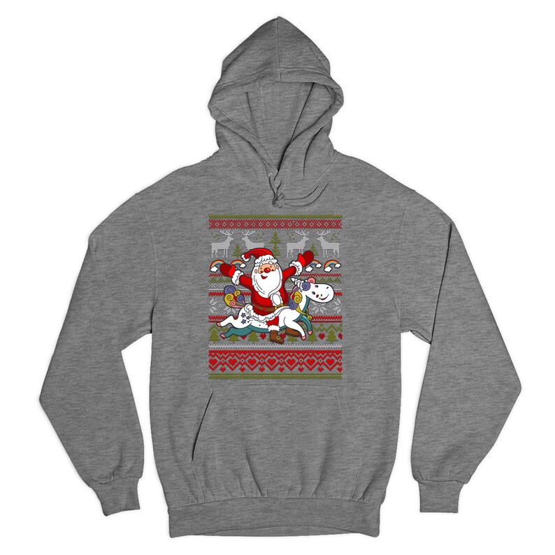 May include: A gray hooded sweatshirt with a Christmas-themed design featuring Santa Claus riding a unicorn. The design includes a red and green color scheme with a white background.
