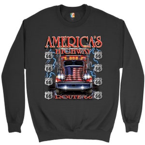 America&#39;s Highways Route 66 Sweatshirt American Flag, Hauler, Truck Driver, Mechanic, Trucking, The Main Street of America Crewneck
