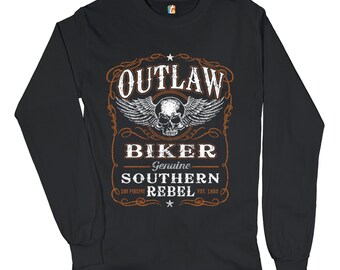 Outlaw Biker Genuine Southern Rebel Long Sleeve T-shirt Winged Skull Face, Biker Forever, Born to Be Wild, Ride or Die, Motorcycle