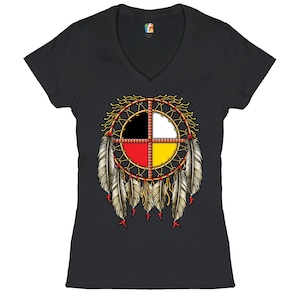 May include: Black V-neck t-shirt with a colorful Native American medicine wheel dreamcatcher design. The dreamcatcher features four colors: black, white, red, and yellow.