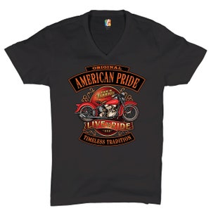 Camiseta original do orgulho americano com decote em v ao vivo para andar, tradição atemporal, motociclista para sempre, entusiasta da motocicleta, presente para motociclista