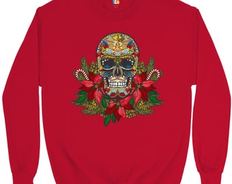 Christmas Calavera Sweatshirt Sugar Skull Holiday Spirit Mistletoe Crewneck