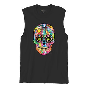 Dean Russo Sugar Skull Day of the Dead Mexican Calavera Muscle Shirt Dia de Los Muertos Colorful Neon Flowers Mexico Holiday Men&#39;s