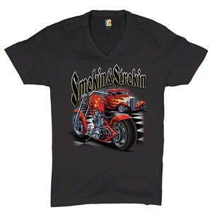 Smokin & Strokin V-Neck T-shirt Chopper, Biker, Hot Rod, Live to Ride, Retro, Vintage, Motorcycle, Route 66, Gift for Mechanic Tee
