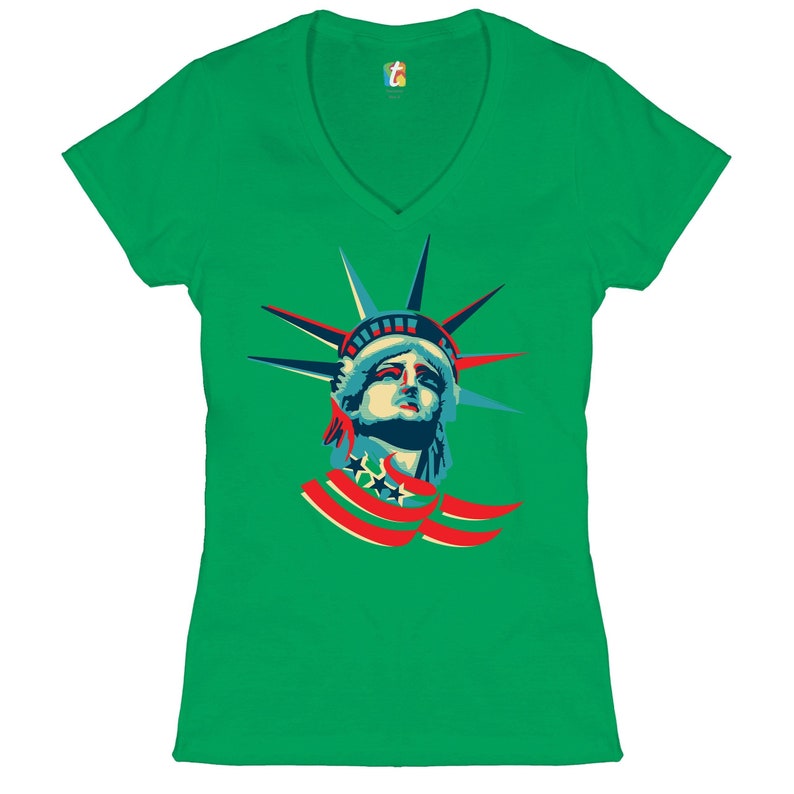 Statue of Liberty Women/'s V-Neck T-shirt 4th of July Stars and Stripes Independence Day Freedom Lady Liberty NYC Manhattan Tee
