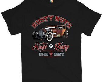 Rusty Nuts Auto Shop T-shirt Hot Rod, Rat Rod, Retro, Vintage, Old School, Racing Car, Gift for Mechanic, Car Enthusiast Men's Tee