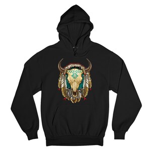 May include: Black hooded sweatshirt with a graphic of a Native American-style buffalo skull with turquoise and white accents and feathers.