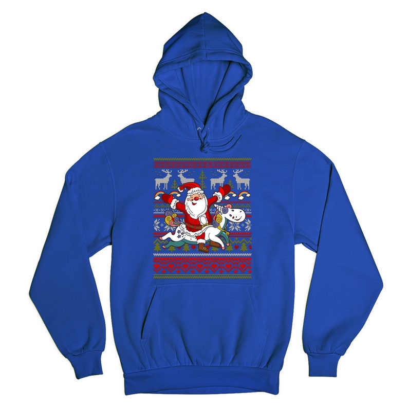 May include: A royal blue hooded sweatshirt with a Christmas-themed design featuring Santa Claus riding a unicorn. The design includes reindeer, snowflakes, and a festive pattern.