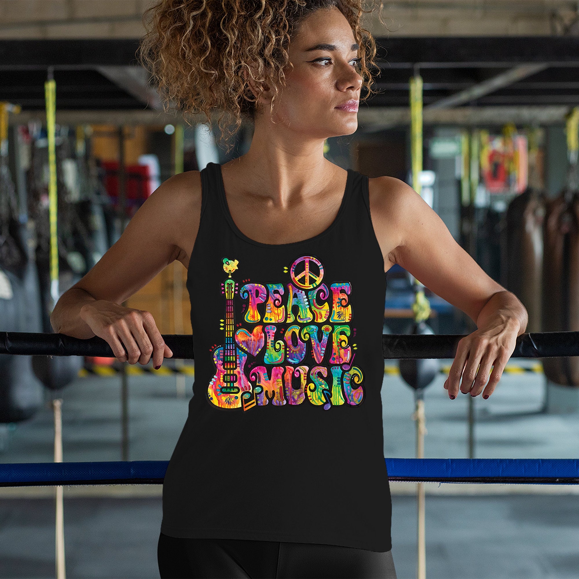 Discover Dean Russo Peace Love Music Guitar Happy Good Vibe Tank Top