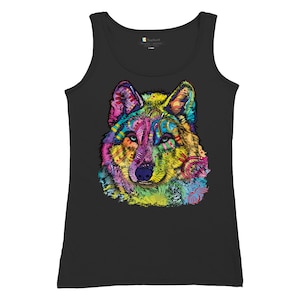 Stare of the Wolf Dean Russo Colorful Neon Animal Art Women&#39;s Tank Top Wolf Pack Leader Wild Life Lover Gift Idea Moon Wolves Howling