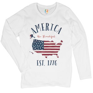 America the Beautiful Est. 1776 Women's Long Sleeve T-shirt 4th of July, American Flag, Independence Day, Patriotic Gift, Stars and Stripes