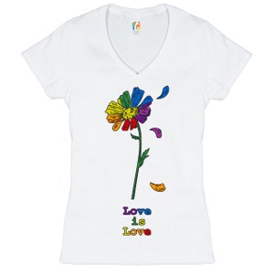 Love Is Love Women&#39;s V-Neck T-shirt Rainbow Flower, LGBT Acceptance, Gay Pride, Same-Sex Marriage, Queer, Non Binary, Equal Rights Tee
