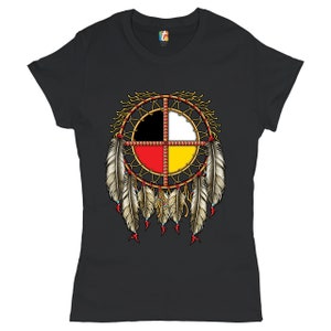 May include: Black t-shirt with a colorful Native American medicine wheel dreamcatcher design. The dreamcatcher has red, yellow, white, and black sections.