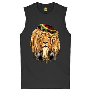 Rasta Lion con auriculares Muscle Shirt Jah, Jamaica, Reggae, 420, Cultura, Rastafari, Cannabis, Dreadlocks, Regalo para Weed Lovers Men's