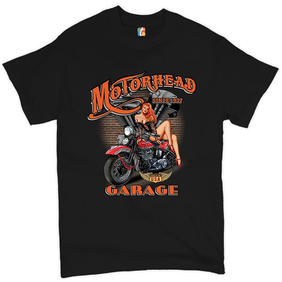 Motorhead Garage T-shirt Biker Chopper Motorcycle Pin-up Girl