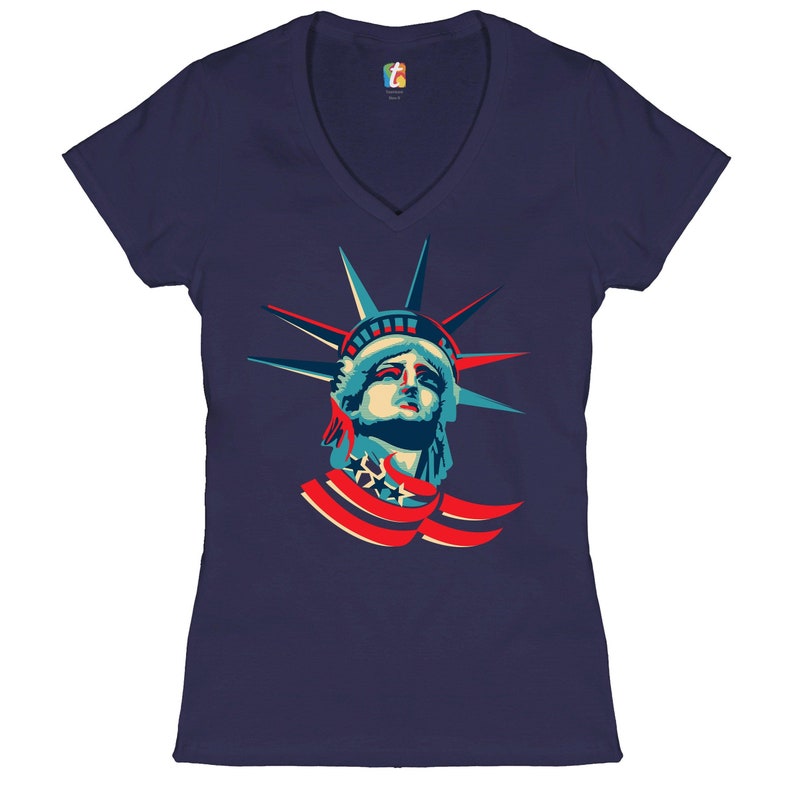 Statue of Liberty Women/'s V-Neck T-shirt 4th of July Stars and Stripes Independence Day Freedom Lady Liberty NYC Manhattan Tee