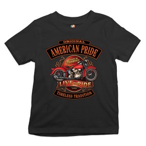 Camiseta original do orgulho americano jovem ao vivo para andar, tradição atemporal, motociclista para sempre, entusiasta de motocicletas, presente para crianças motociclistas