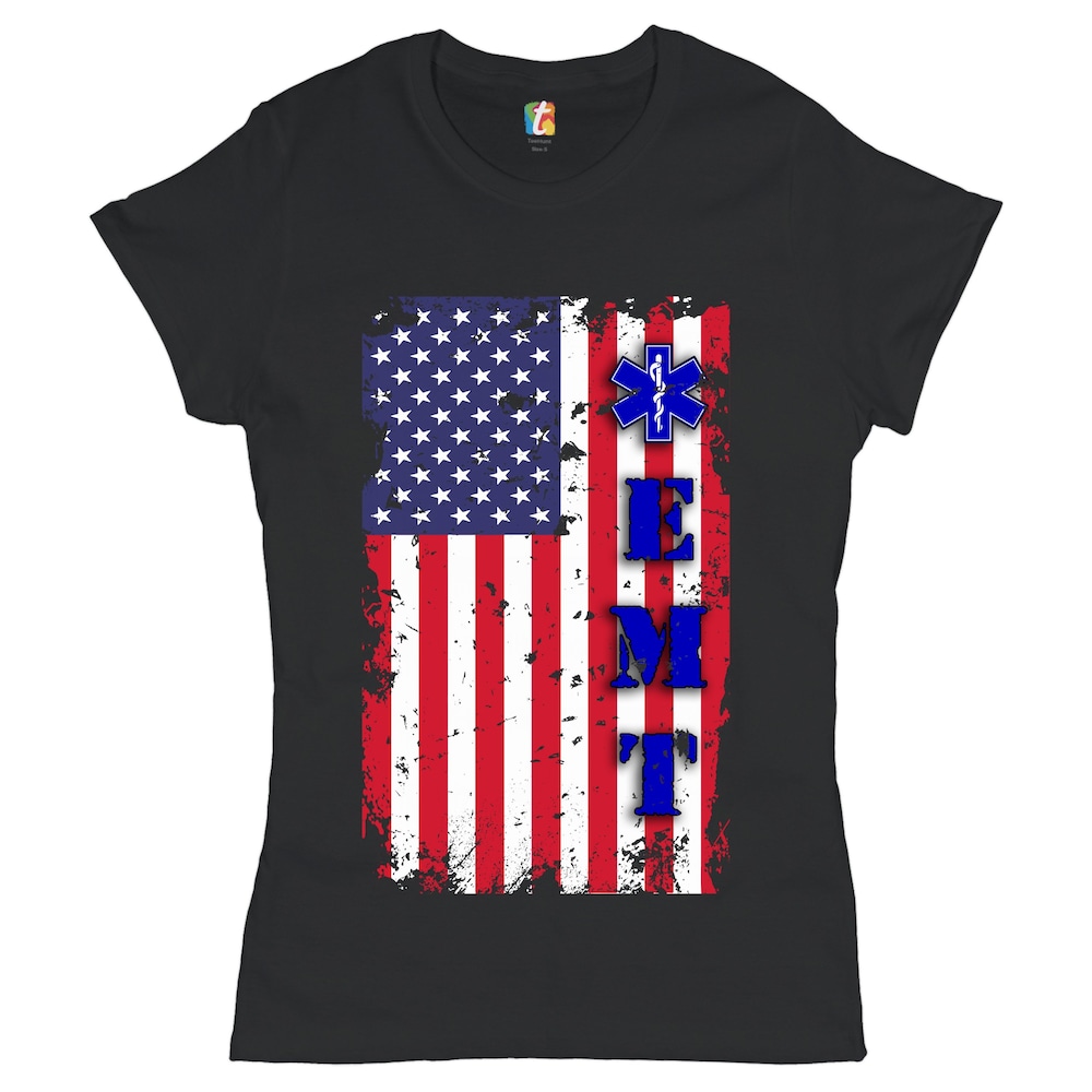 Emt American Flag T-Shirt Star Of Life, First Responder, Patriotic, Emt, Ems, Paramedic, Medical Assistant, Stars And Stripes Women'S Tee Teebeepro Design Foryou