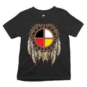 May include: Black t-shirt with a Native American dreamcatcher design featuring a circle with four colors: black, white, red, and yellow. The dreamcatcher has feathers hanging from the bottom.