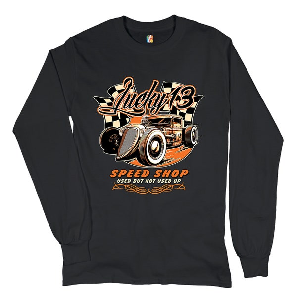 Lucky 13 Speed Shop Langarm T-shirt Ratte Rod, Route 66, Rennwagen, Hot Rod, Retro, Vintage, Geschenk für Mechaniker, Outlaw, Live to Ride