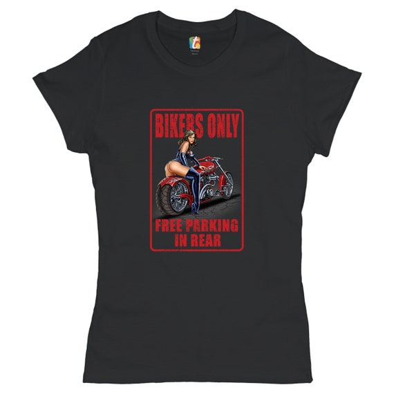 T-shirt Femme Bikers Only - Col V, Manches Courtes, Motif Pin-up Biker - Neuf Avec étiquettes, Coton Pré-rétracté
