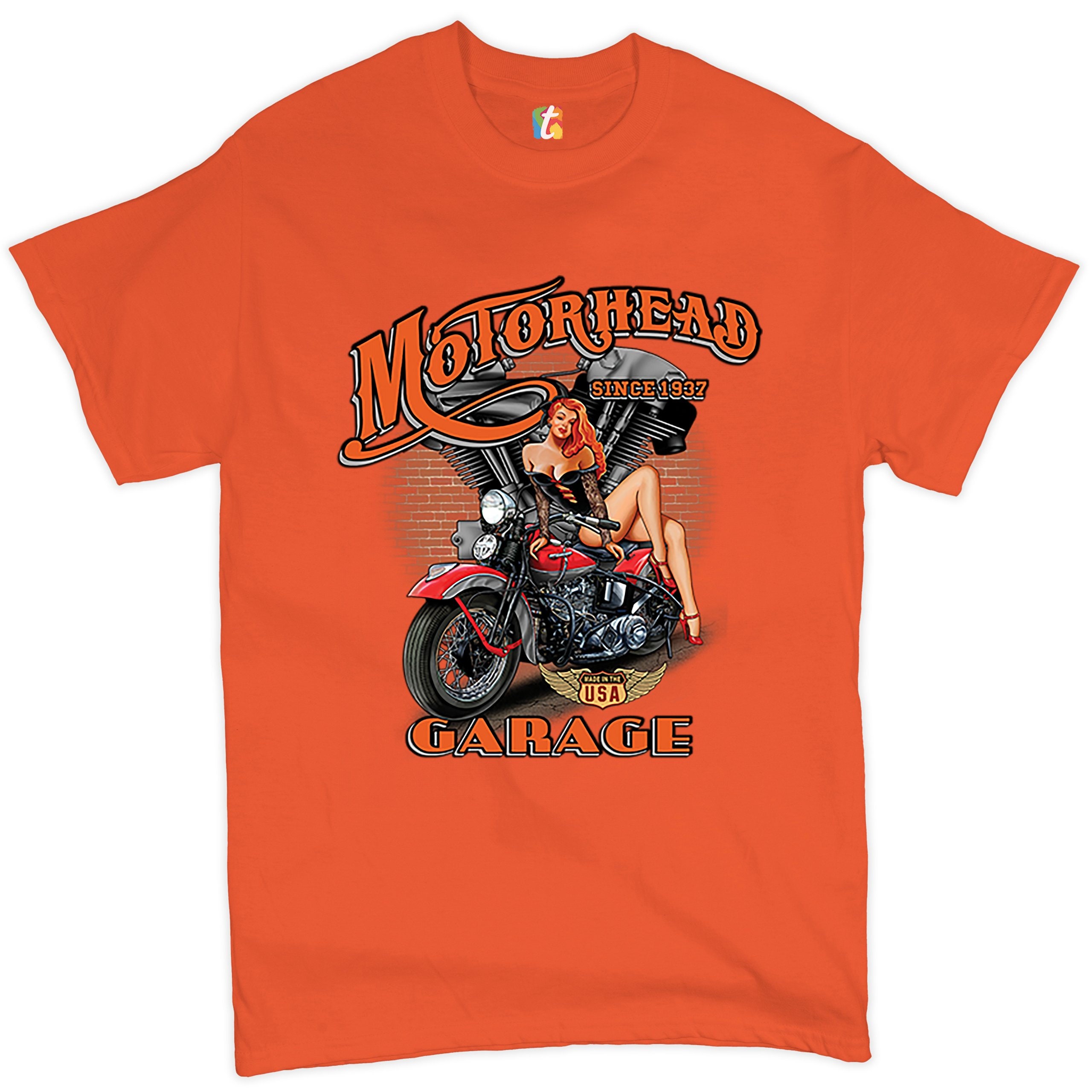 Motorhead Garage T-shirt Biker Chopper Motorcycle Pin-up Girl