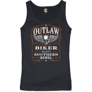 May include: Black tank top with a distressed graphic. The graphic features the word "OUTLAW" above a skull with wings, and the words "BIKER", "SOUTHERN REBEL", and "EST. 1952". The design is in shades of white and orange.