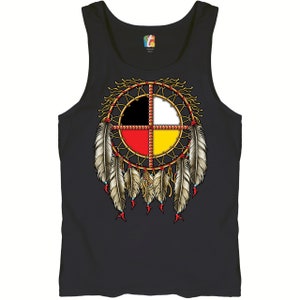 May include: Black tank top with a Native American dreamcatcher design featuring a circle with four colors: black, white, red, and yellow. The dreamcatcher has feathers and beads.