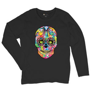 Dean Russo Sugar Skull Day of the Dead Mexican Calavera Women&#39;s Long Sleeve T-shirt Dia de Los Muertos Colorful Neon Flowers Mexico Holiday