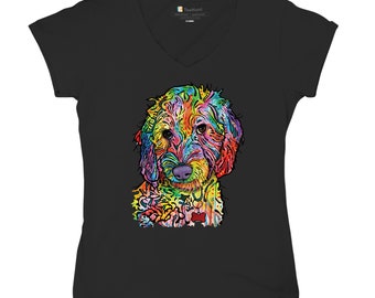 Sweet Poodle Dean Russo Dog Pattern Art Puppy Adopt Pet Women's V-Neck T-shirt Great Gift Idea for Dog Mom or Dog Dad Cute Breed Doggy Tee