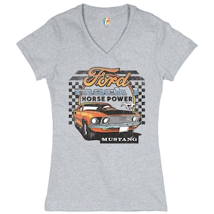 Ford Mustang Mach 1 Women&#39;s V-Neck T-shirt Horse Power Muscle Car Licensed Tee