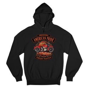Moletom original do orgulho americano ao vivo para andar, tradição atemporal, motociclista para sempre, entusiasta de motocicletas, presente para motociclista com capuz