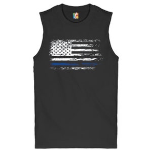 Distressed Thin Blue Line American Flag Muscle Shirt Patriotic, Police Officer, Law Enforcement, First Responders, Back the Blue,  Men&#39;s