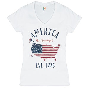 America the Beautiful Est. 1776 Women&#39;s V-Neck T-shirt 4th of July, American Flag, Independence Day, Patriotic Gift, Stars and Stripes Tee