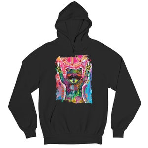 May include: Black hooded sweatshirt with a colorful graphic print of a raccoon wearing sunglasses and peace signs, surrounded by a peace sign and flowers.