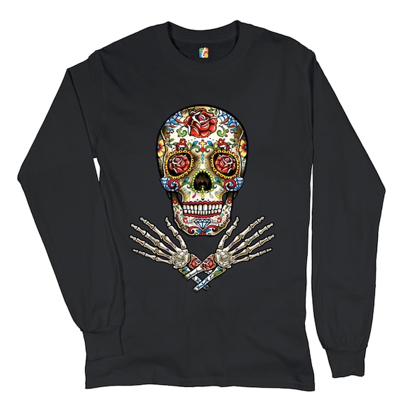 Calavera Arms Crossed Long Sleeve T-shirt Dia De Los Muertos Day