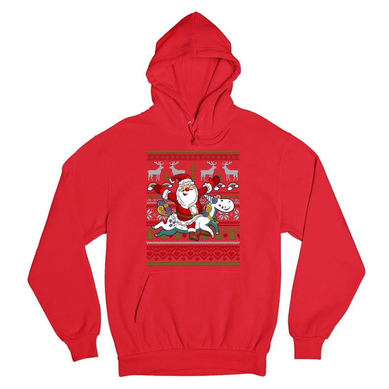 May include: Red hooded sweatshirt with a Christmas-themed design featuring Santa Claus riding a unicorn. The design includes reindeer, snowflakes, and hearts.