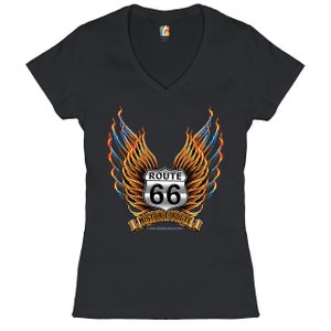 Historic Route 66 Women&#39;s V-Neck T-shirt The Legend Rolls On, The Mother Road, American Pride, Car Enthusiast, Gift for Mechanic Tee
