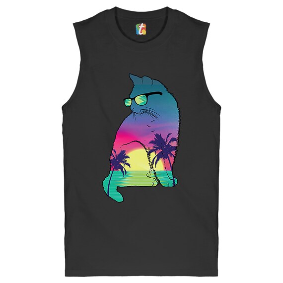 Neon Cat in Sunglasses Muscle Shirt 