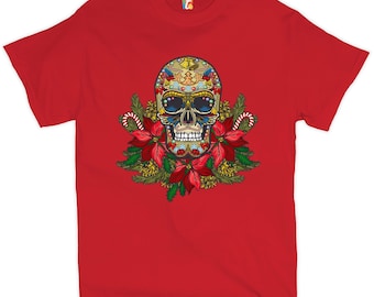 Christmas Calavera T-shirt Sugar Skull Holiday Spirit Mistletoe Men's Tee