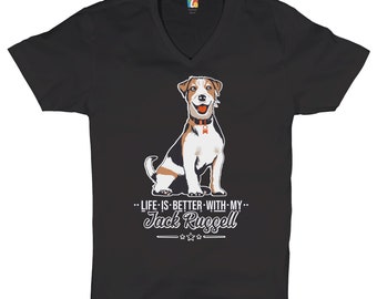 Life is Better With My Jack Russell V-Neck T-shirt Small Dog Animal Lover Tee