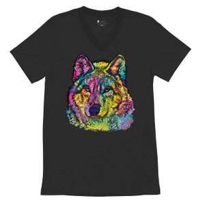 Stare of the Wolf Dean Russo Buntes Neon Animal Art V-Neck T-Shirt Wolf Pack Leader Wild Life Lover Geschenkidee Mond Wölfe Howling Tee
