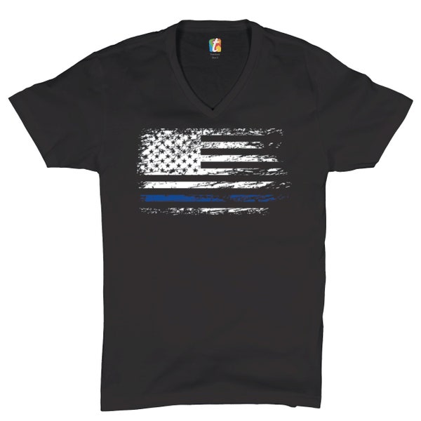 Distressed Thin Blue Line American Flag V-Neck T-shirt Patriotic, Police Officer, Law Enforcement, First Responders, Back the Blue,  Tee