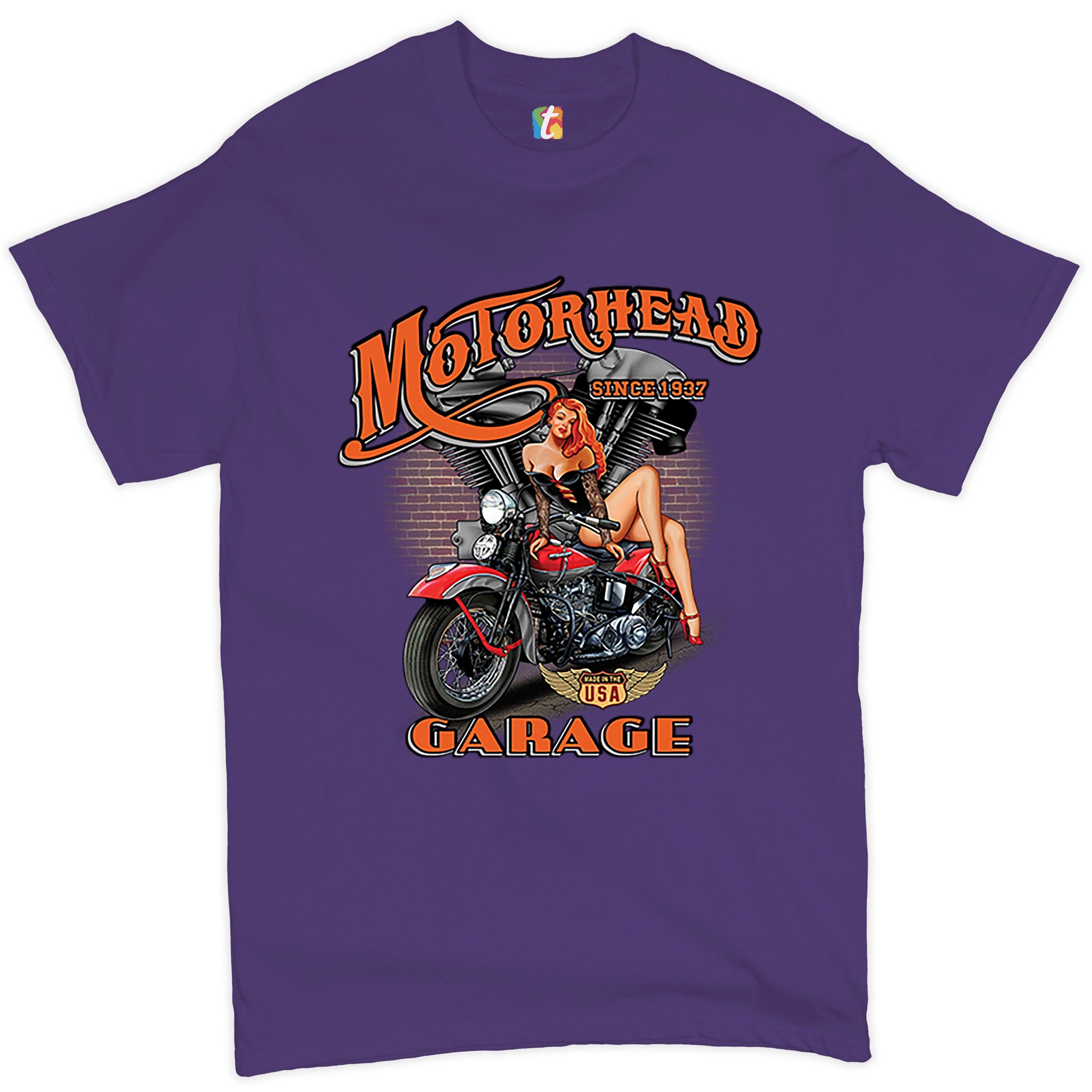 Motorhead Garage T-shirt Biker Chopper Motorcycle Pin-up Girl