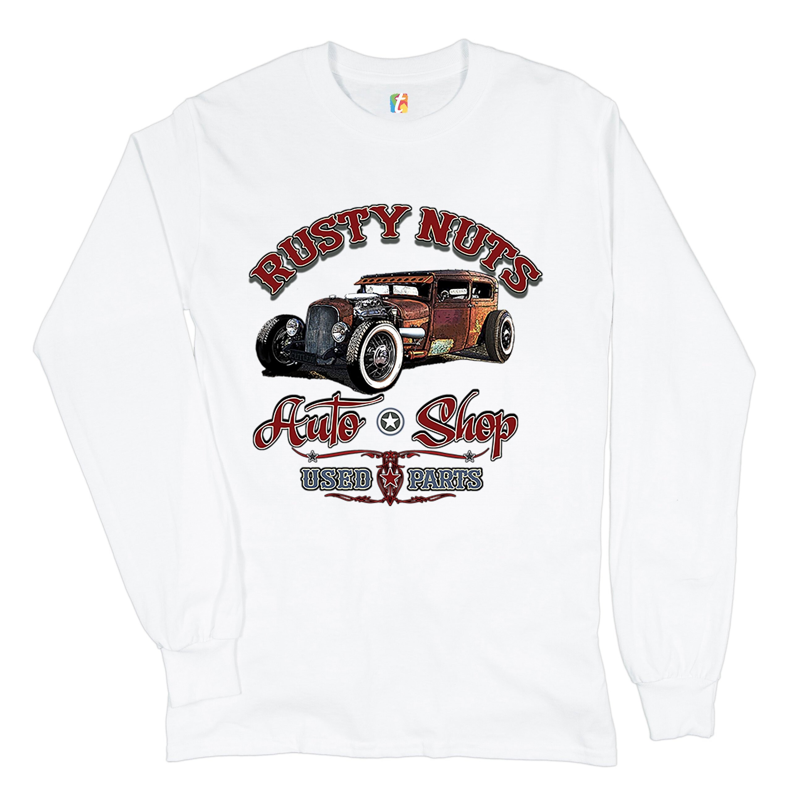 Rusty Nuts Auto Shop Long Sleeve T-shirt Hot Rod, Rat Rod, Retro 