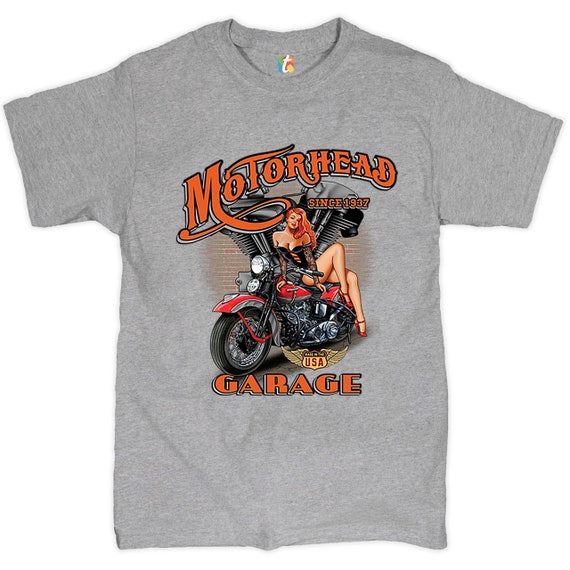 Motorhead Garage T-shirt Biker Chopper Motorcycle Pin-up Girl