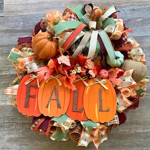 Pumpkin Fall Wreath for Front Door, Autumn Harvest Door Decoration, Rustic Farmhouse Thanksgiving Wreath, Handmade Seasonal Home Accent Gift