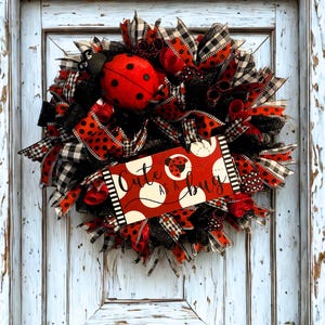 Ladybug Wreath Cute as a Bug Sign Spring Summer Door Decor Red Black Polka Dot Ribbon Front Porch Lady bird Gift